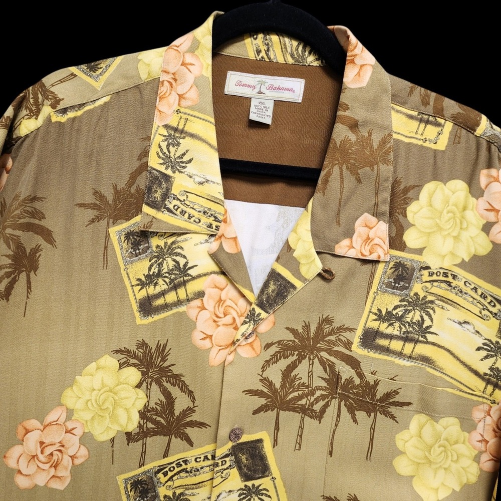 Tommy Bahama Post Card Hawaiian‎ Shirt Mens 2XL 100% Silk Cruise Resort Vacation